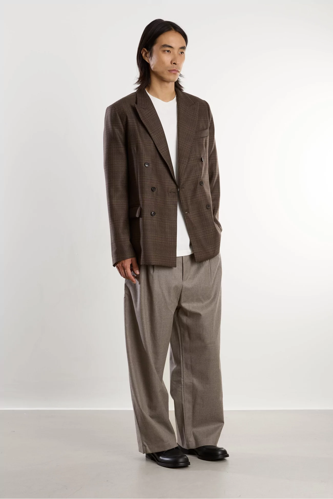 Linen Double Breasted Peak Blazer – Syrah Check | Centre Commercial